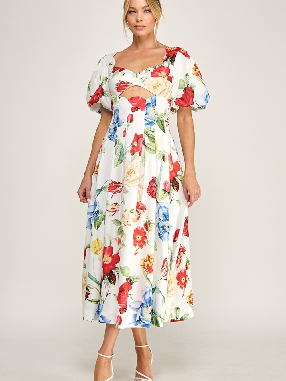 Vintage White Floral Cutout Puff-Sleeve Midi Dress